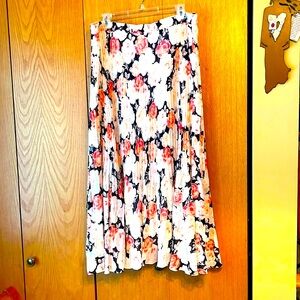 Chaps XL long pull on broomstick midi skirt lined pretty pink rose floral EUC